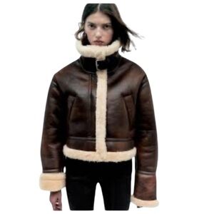 Zara Brown Leather Shearling-Trim Jacket with Cream Fur